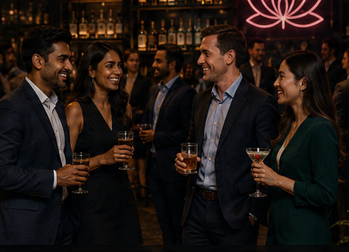 A diverse group enjoying a purposeful evening at a bar